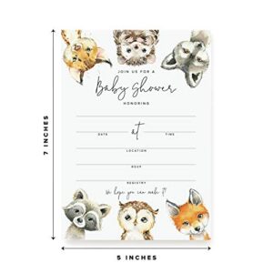 Bliss Collections 25 Baby Shower Invitations with Envelopes Woodland Animals, Forest Creatures, Fox, Owl, Racoon, Wolf, Hedgehog, Bobcat - Gender Neutral, 5x7 Cards