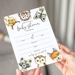 Bliss Collections 25 Baby Shower Invitations with Envelopes Woodland Animals, Forest Creatures, Fox, Owl, Racoon, Wolf, Hedgehog, Bobcat - Gender Neutral, 5x7 Cards