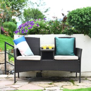 Tangkula Outdoor Rattan Loveseat, Patio Conversation Set with Cushions & Table, Modern Patented Wicker Sofa Set with Built-in Coffee Table, Rattan Sofas for Garden Lawn Backyard