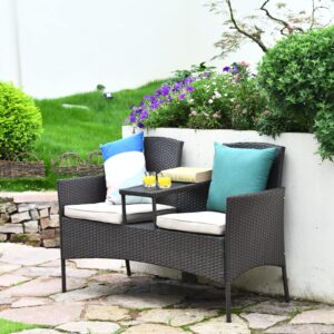 Tangkula Outdoor Rattan Loveseat, Patio Conversation Set with Cushions & Table, Modern Patented Wicker Sofa Set with Built-in Coffee Table, Rattan Sofas for Garden Lawn Backyard