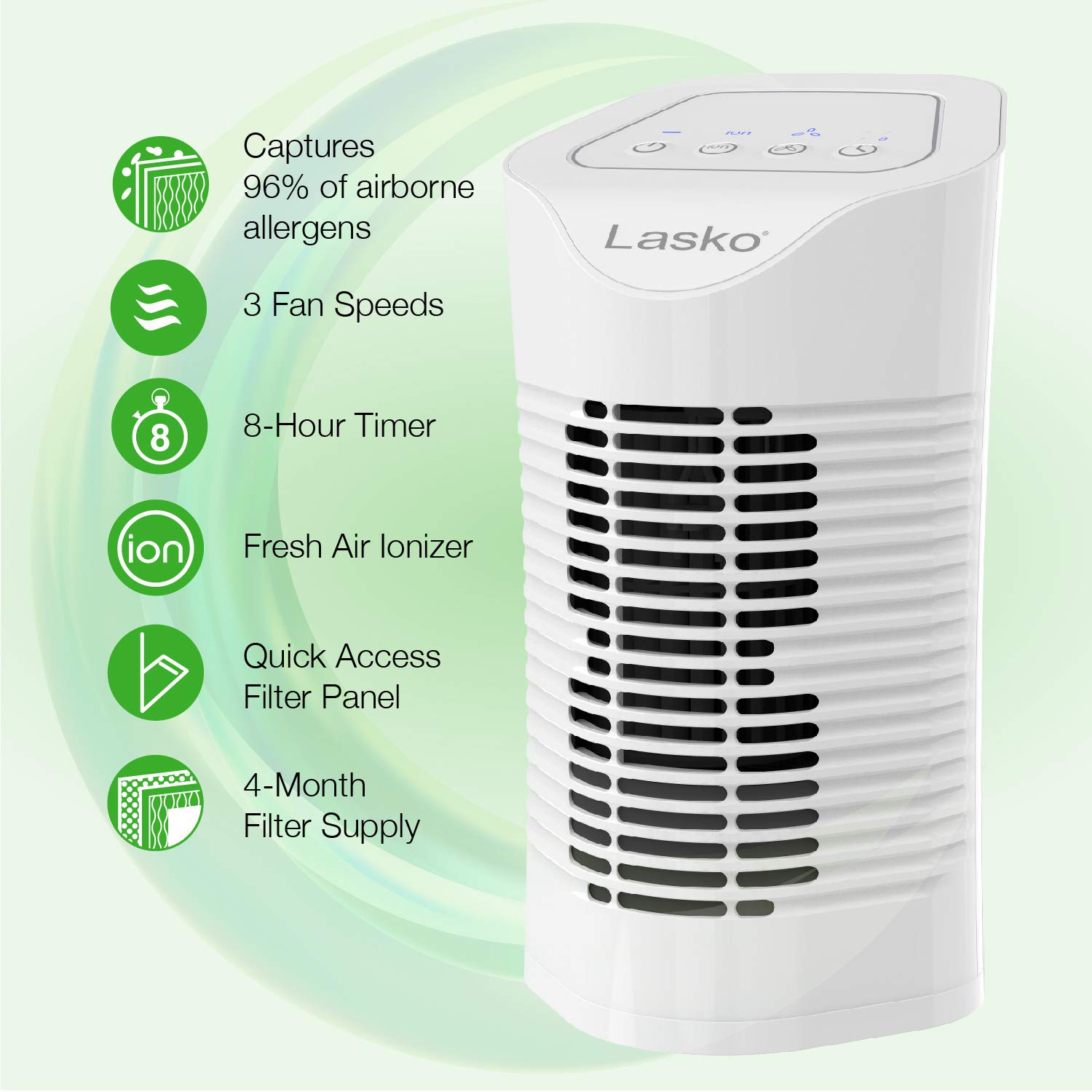 Lasko HF11200 Desktop Air Purifier for Home, Office, Bedroom, Dorm and Small Rooms – 3-Stage Filtration Removes Smoke, Pet Odors, Allergens, Dust and Mold Spores