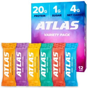 atlas protein bar, 20g protein, 1g sugar, clean ingredients, gluten free, value pack (30 count, 6 flavors)