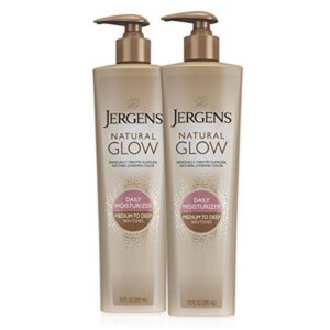 jergens natural glow sunless tanning lotion, medium to deep self tanner tone, 10 ounce daily moisturizer pump, featuring antioxidants and vitamin e, (2 pack)