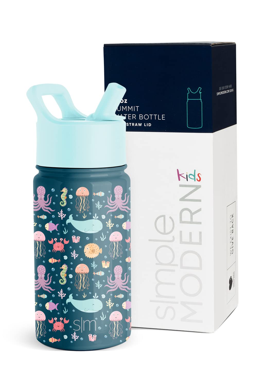 Simple Modern Kids Water Bottle with Straw Lid | Insulated Stainless Steel Reusable Tumbler for Toddlers, Girls | Summit Collection | 14oz, Under the Sea