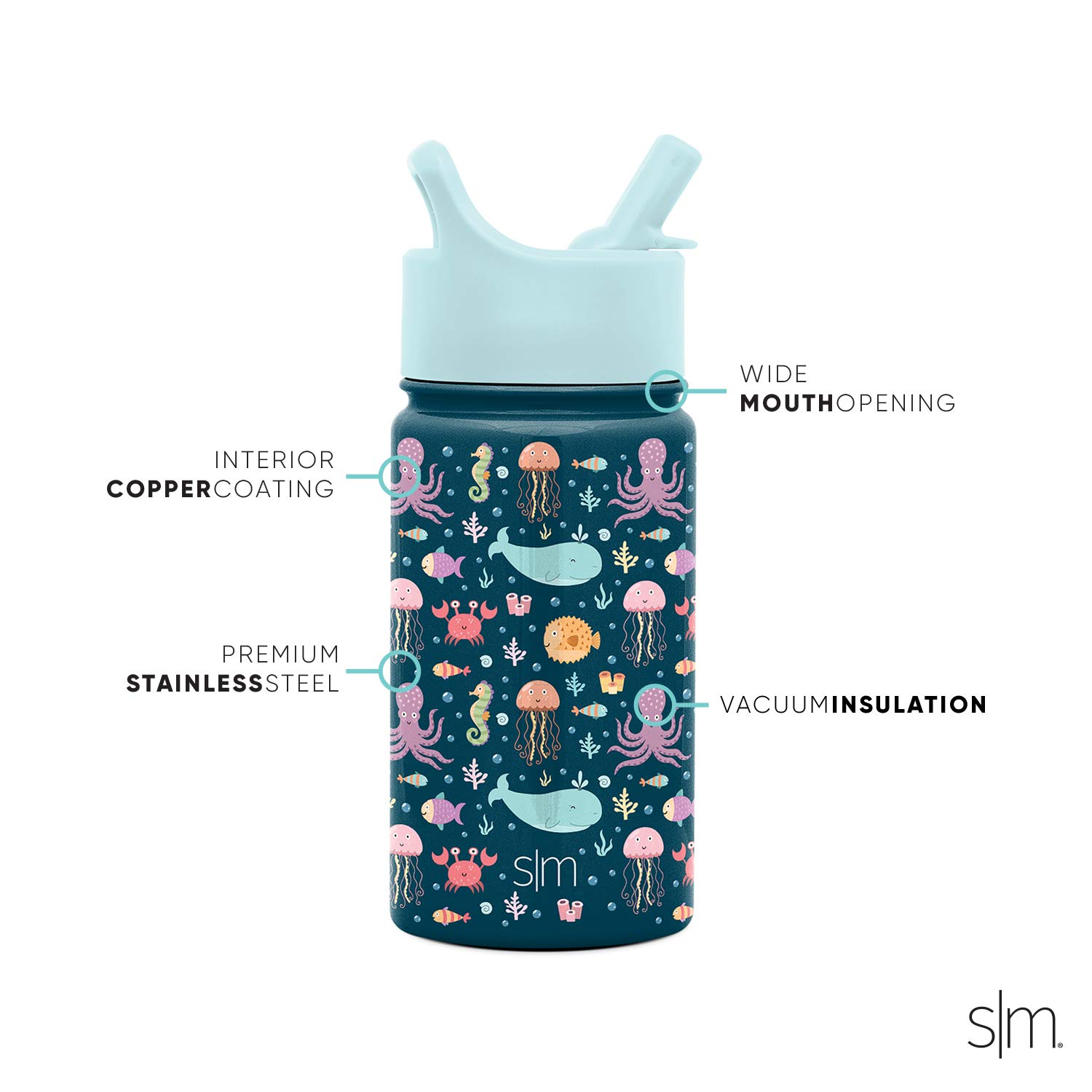 Simple Modern Kids Water Bottle with Straw Lid | Insulated Stainless Steel Reusable Tumbler for Toddlers, Girls | Summit Collection | 14oz, Under the Sea