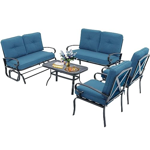 Oakcloud 5-Piece Outdoor Metal Furniture Sets Patio Conversation Set Wrought Iron Glider, 2 Single Chairs, Loveseat and Coffee Table, Peacock Blue