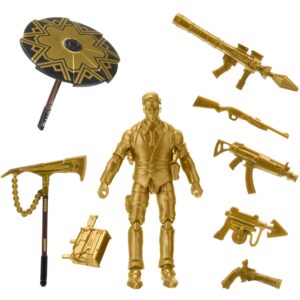 fortnite hot drop1 figure pack, with 4-inch midas-gold figure, harvesting tool, umbrella, back bling, and weapons