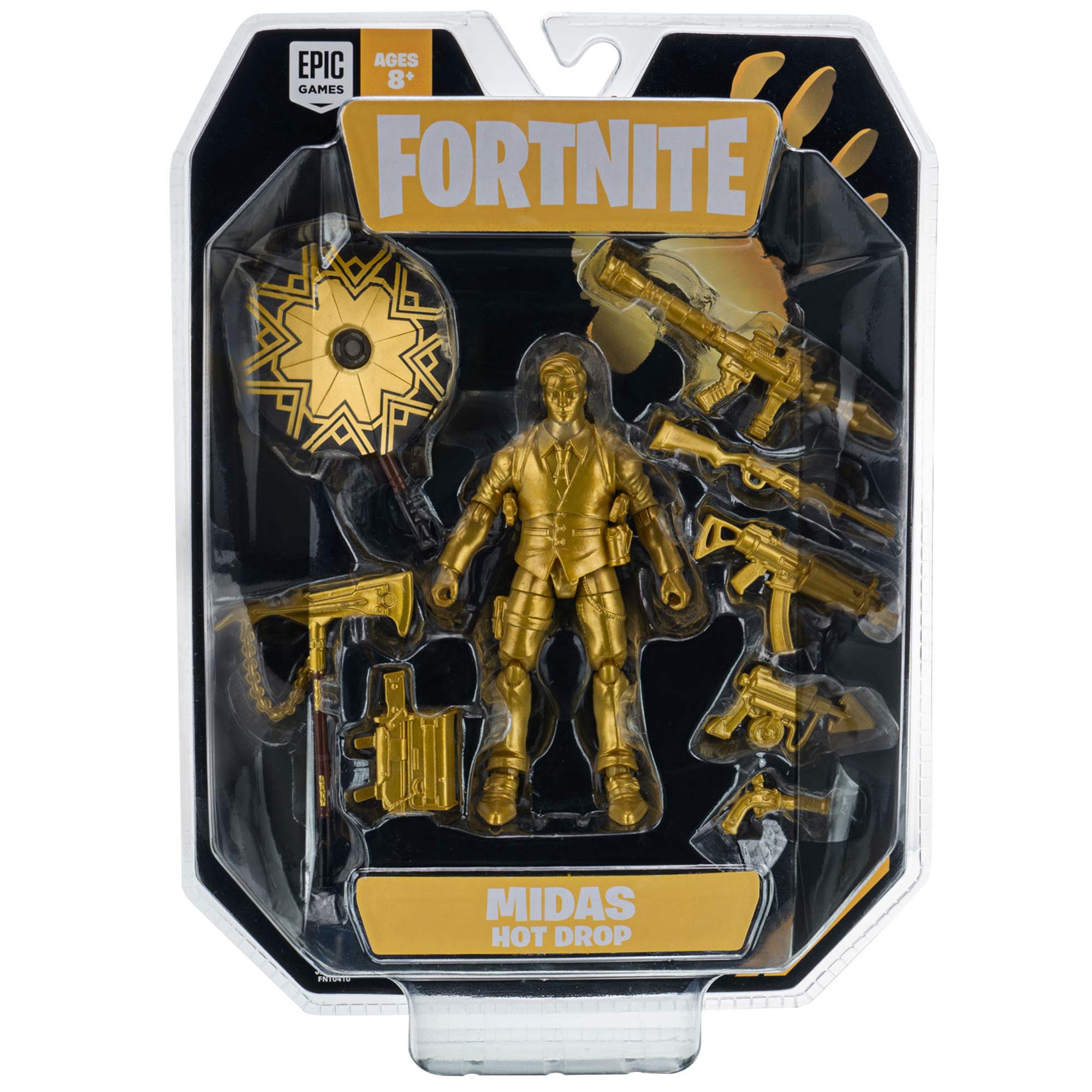 Fortnite Hot Drop1 Figure Pack, with 4-inch Midas-Gold Figure, Harvesting Tool, Umbrella, Back Bling, and Weapons