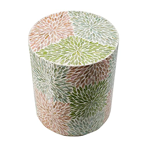 A&B Home Cylinder Capiz Stool - Red Green Blue Shell Inlays, 18'' Tall Seating, Home Décor Accent Side Table