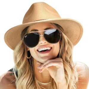 FURTALK Sun Hats for Women Summer Wide Brim UV UPF 50+ Panama Fedora Foldable Packable Straw Beach Hat Khaki