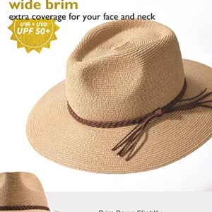 FURTALK Sun Hats for Women Summer Wide Brim UV UPF 50+ Panama Fedora Foldable Packable Straw Beach Hat Khaki