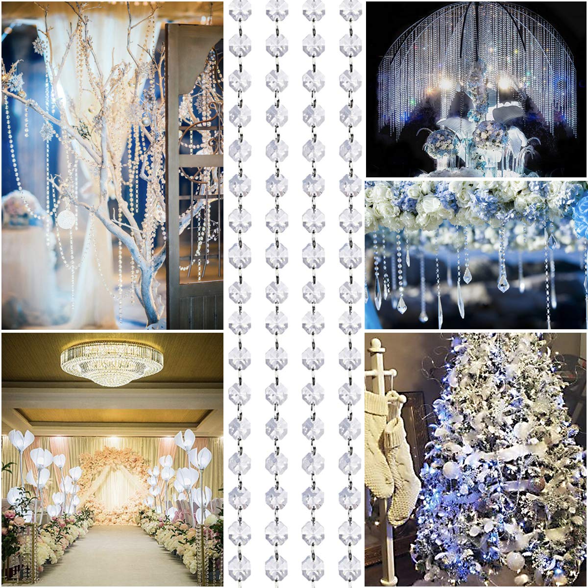 33ft K9 Glass Crystal Garland Strands - Hanging Chandelier Gem Bead Chain - 14mm Clear Octagon Prism Diamond String Decorations for Wedding Party Manzanita Centerpiece Christmas Tree