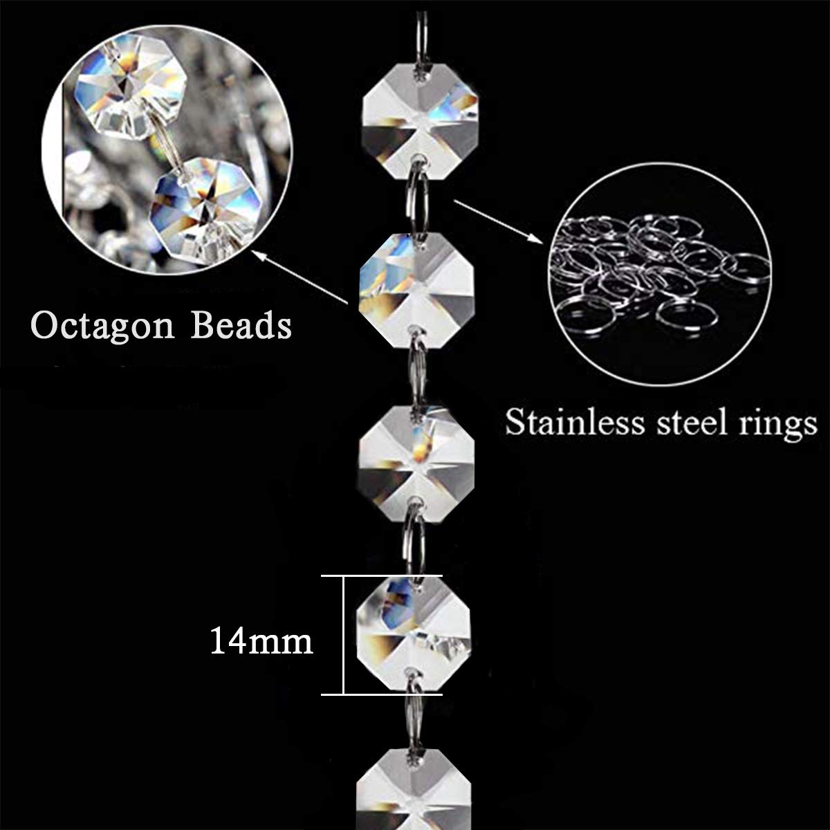 33ft K9 Glass Crystal Garland Strands - Hanging Chandelier Gem Bead Chain - 14mm Clear Octagon Prism Diamond String Decorations for Wedding Party Manzanita Centerpiece Christmas Tree