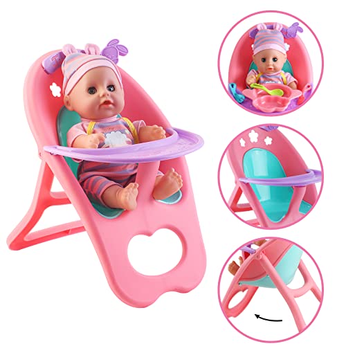 deAO 12” Baby Doll Play Set with Crib, Mobile, High Chair Feeding Accessories, Interactive Dolls for Girls Kids Pretend Play Baby Dolls 21 PCS