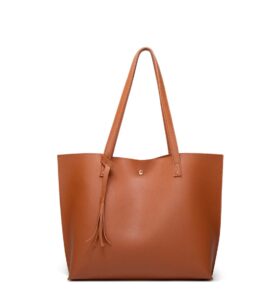 dreubea women's soft faux leather tote shoulder bag from, big capacity tassel handbag brown new