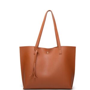 Dreubea Women's Soft Faux Leather Tote Shoulder Bag from, Big Capacity Tassel Handbag Brown New