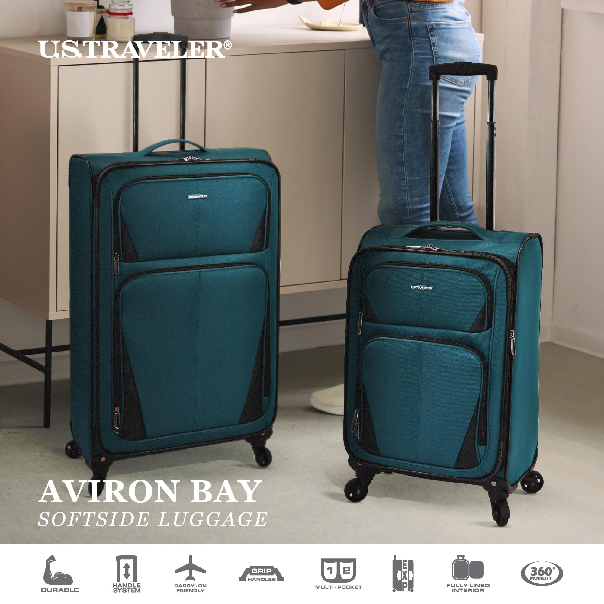 U.S. Traveler Aviron Bay Expandable Softside Spinner Wheels, Teal, 3 Piece Luggage