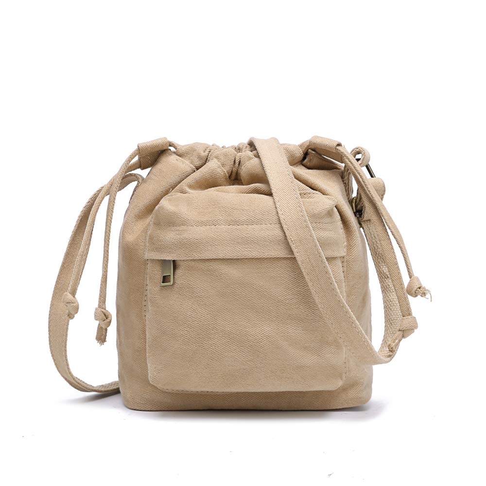 Women Small Canvas Purse Crossbody Bag Ladies Cute Little Drawstring Bucket Boho Purses, Tan