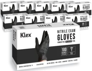 klex nitrile exam gloves - medical grade, powder free, rubber latex free, disposable examination grade glove, food safe, black, small, 1000 count