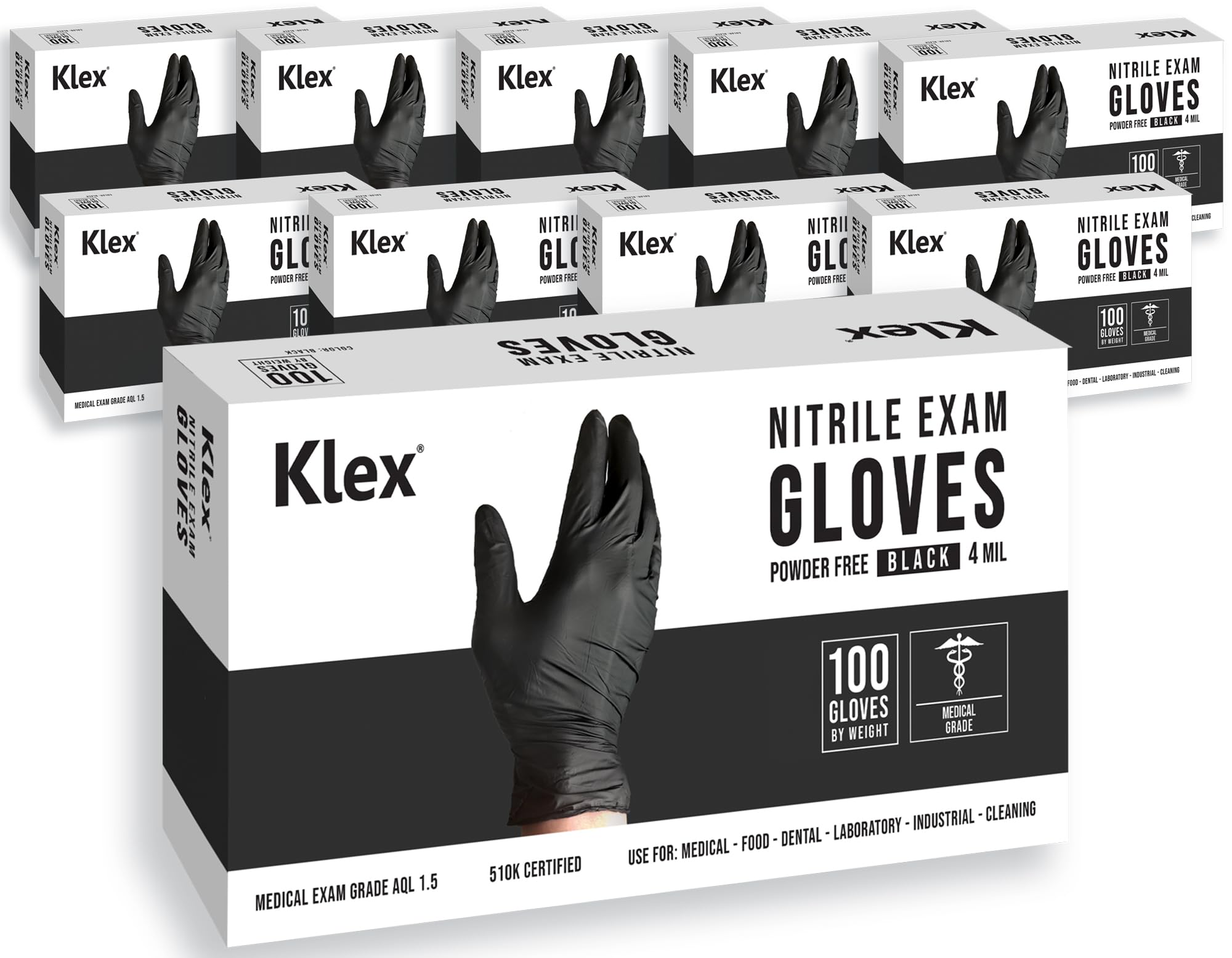 Klex Nitrile Exam Gloves - Medical Grade, Powder Free, Rubber Latex Free, Disposable Examination Grade Glove, Food Safe, Black, Small, 1000 Count