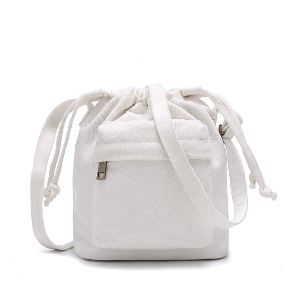 Women Small Canvas Purse Crossbody Bag Ladies Cute Little Drawstring Bucket Boho Purses, White