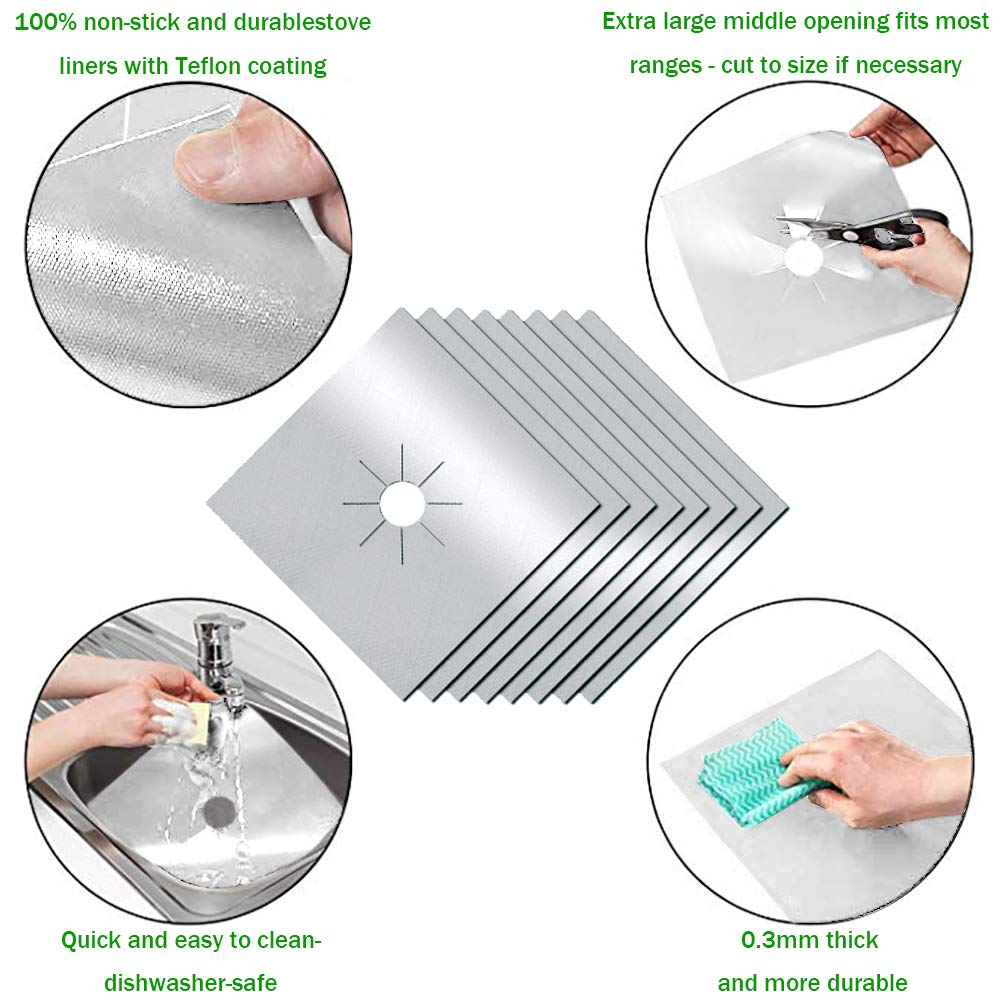 Stove Burner Covers,0.3 MM Double Thickness,8 Pack,Gas Stove Burner Liners,Non-stick Reusable Gas Range Stove Top Covers for Kitchen,Cuttable,Easy to Clean,Silver,Size 10.6” x 10.6”