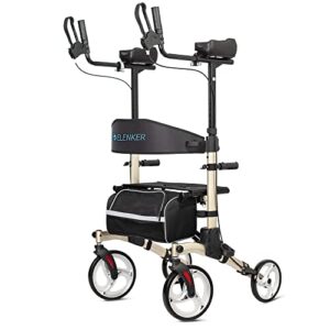 elenker upright walker, stand up folding rollator walker with 10” front wheels backrest seat and padded armrests(champagne)