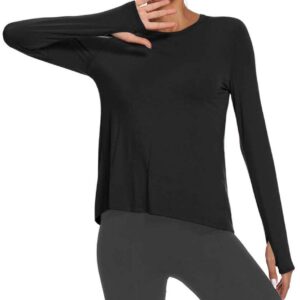 Mippo Long Sleeve Wokout Shirts for Women Yoga Tops Tie Back Tank Tops Thumb Hole Shirts Backless Tops Gym Sweater Workout Clothes Sports Active Exercise Wear for Women 2022 Black L