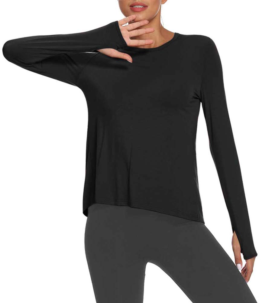 Mippo Long Sleeve Wokout Shirts for Women Yoga Tops Tie Back Tank Tops Thumb Hole Shirts Backless Tops Gym Sweater Workout Clothes Sports Active Exercise Wear for Women 2022 Black L