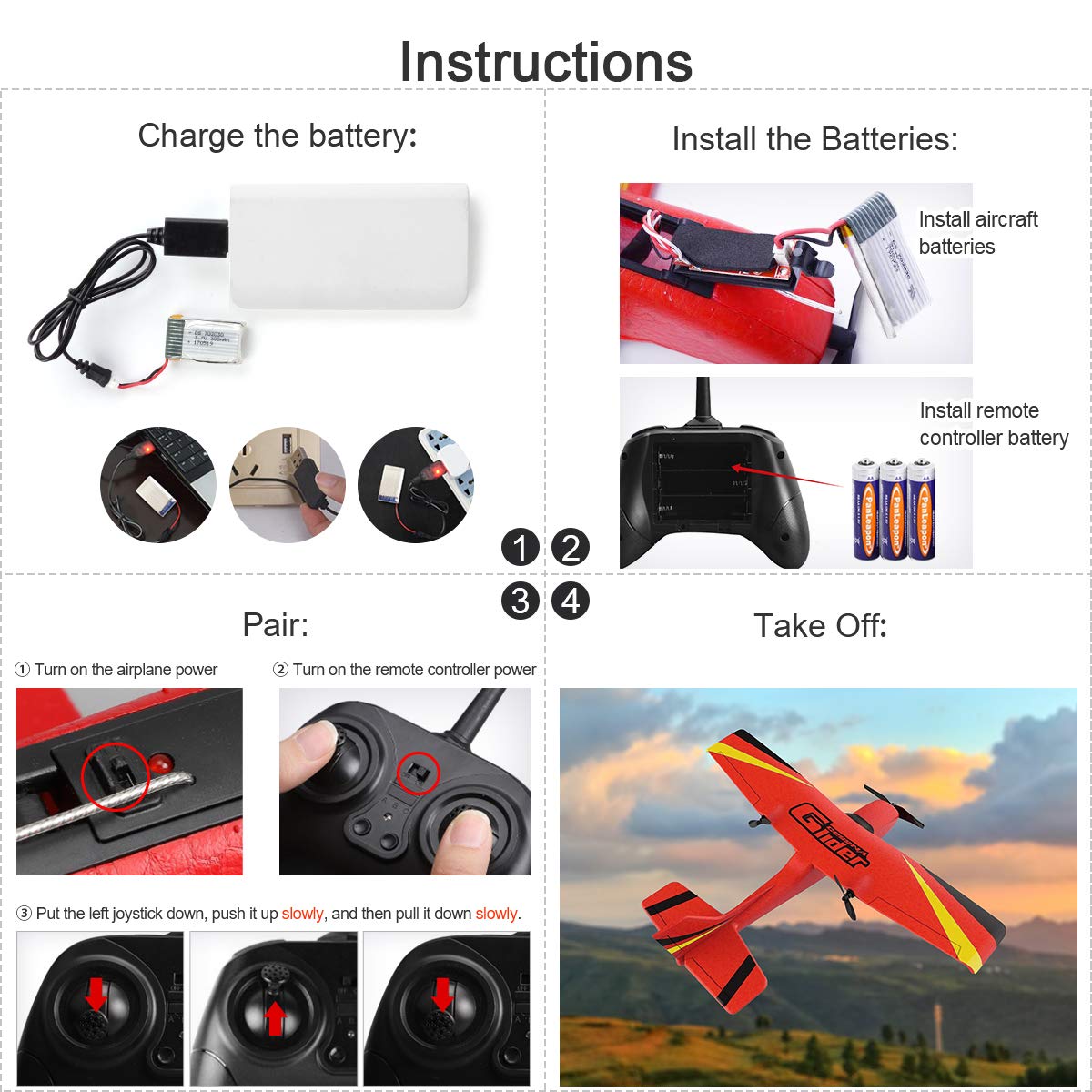 HAWK'S WORK 2 CH RC Airplane, RC Plane Ready to Fly, 2.4GHz Remote Control Airplane, Easy to Fly RC Glider for Kids & Beginners (Red)