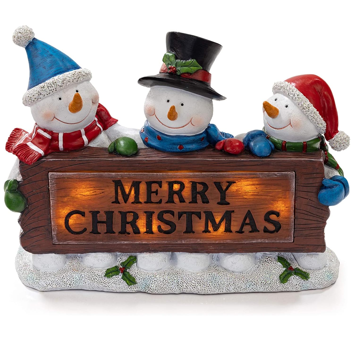 VP Home Christmas Snowman Decor Christmas Figurines Resin Snowman Lighted Decorations Indoor Glowing Merry Christmas Wood Trio LED Holiday Light Up Snowman Indoor Festive Fiber Optic Decorations