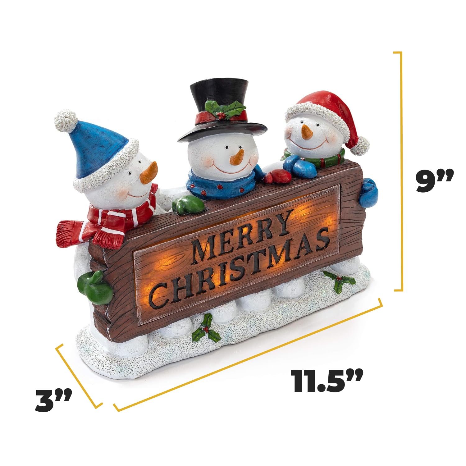 VP Home Christmas Snowman Decor Christmas Figurines Resin Snowman Lighted Decorations Indoor Glowing Merry Christmas Wood Trio LED Holiday Light Up Snowman Indoor Festive Fiber Optic Decorations