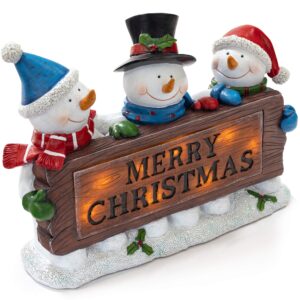 VP Home Christmas Snowman Decor Christmas Figurines Resin Snowman Lighted Decorations Indoor Glowing Merry Christmas Wood Trio LED Holiday Light Up Snowman Indoor Festive Fiber Optic Decorations