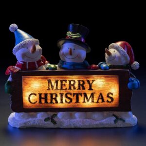 VP Home Christmas Snowman Decor Christmas Figurines Resin Snowman Lighted Decorations Indoor Glowing Merry Christmas Wood Trio LED Holiday Light Up Snowman Indoor Festive Fiber Optic Decorations