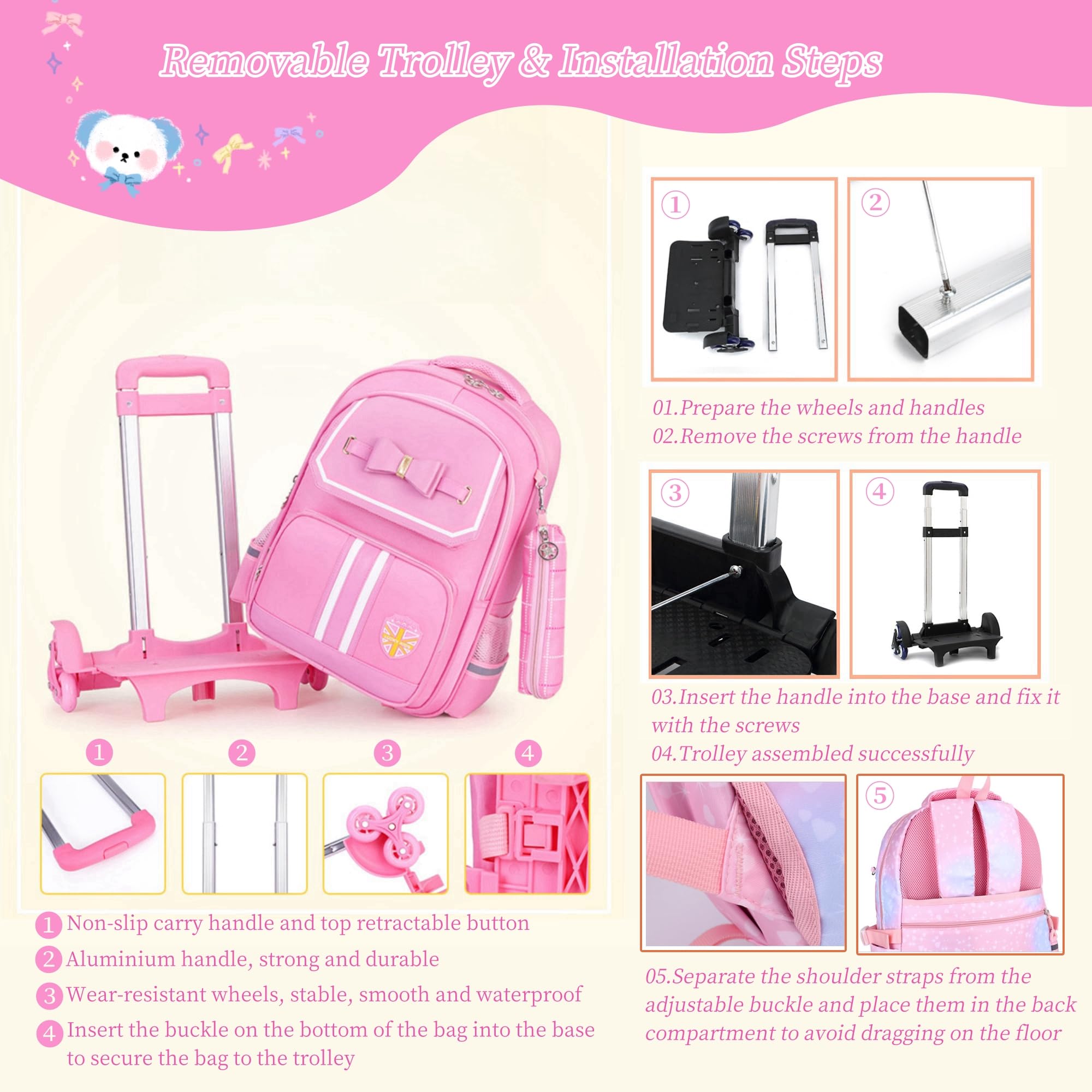 MITOWERMI Rolling Backpack for Girls Cute Trolley Bags Primary School Bookbags with Wheels Kids Carry-On Wheeled Backpack with Lunch Bag