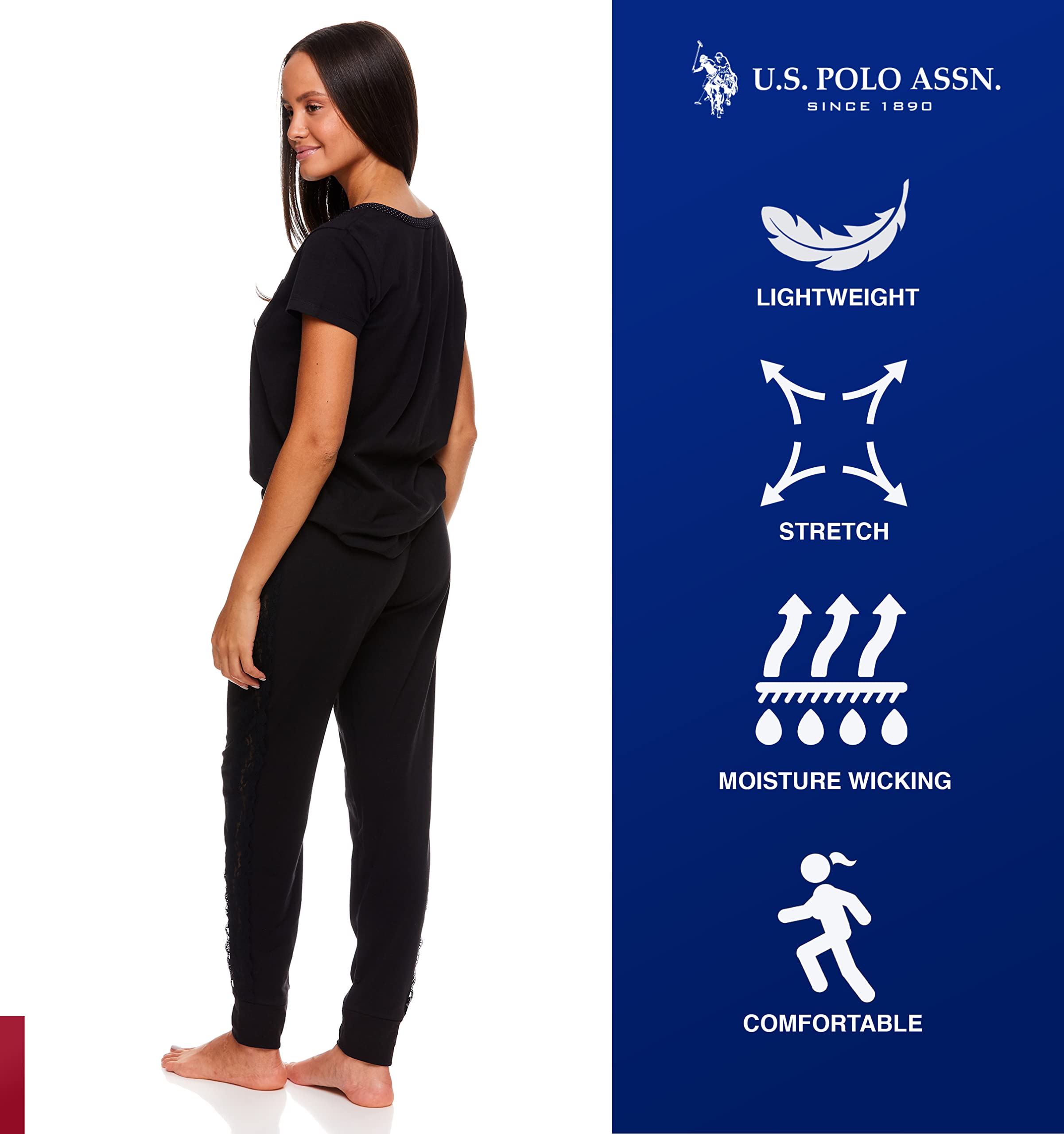 U.S. Polo Assn. Womens Pajamas - Short Sleeve PJs with Jogger Pajama Pants (Black, Large)