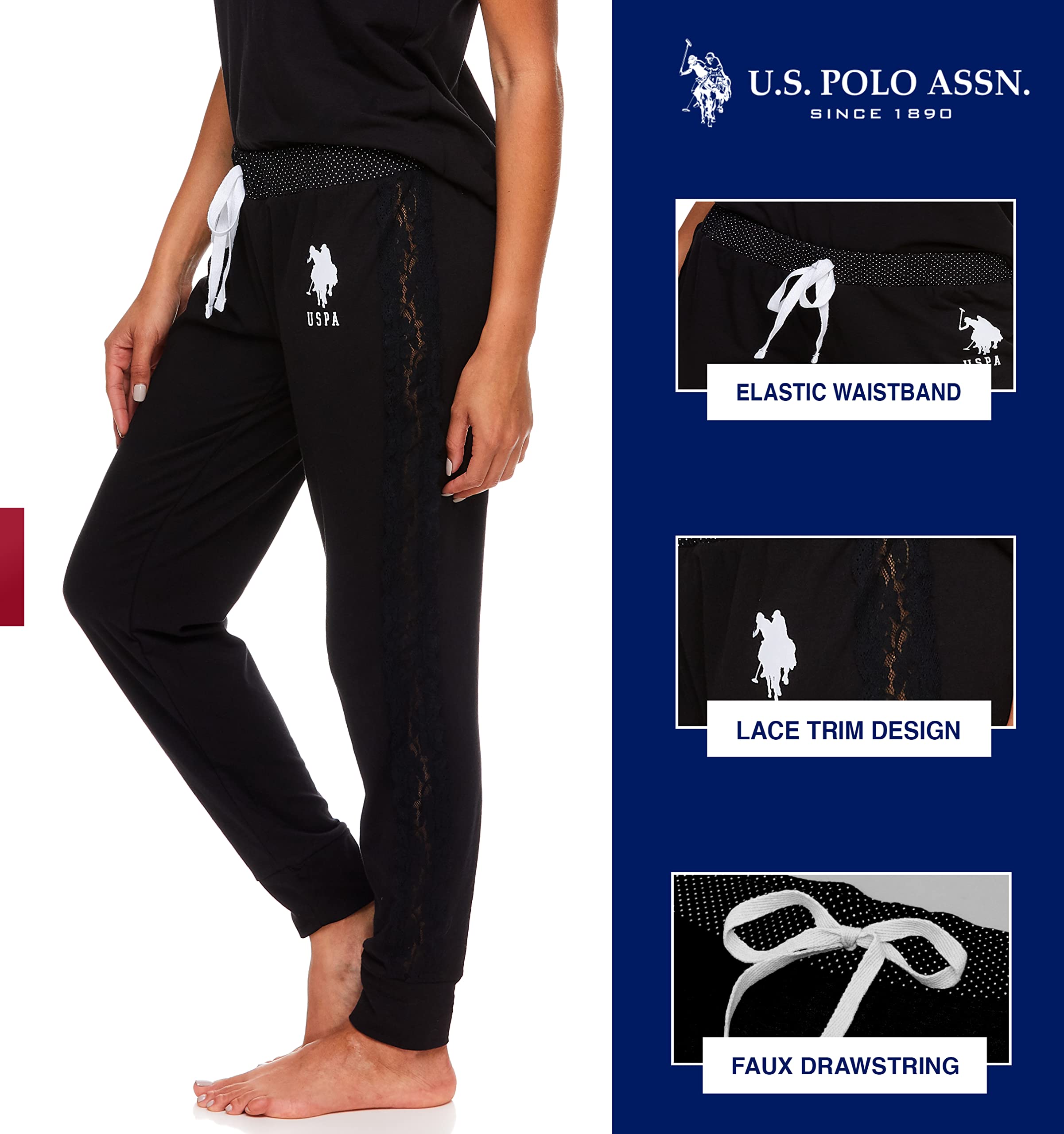 U.S. Polo Assn. Womens Pajamas - Short Sleeve PJs with Jogger Pajama Pants (Black, Large)