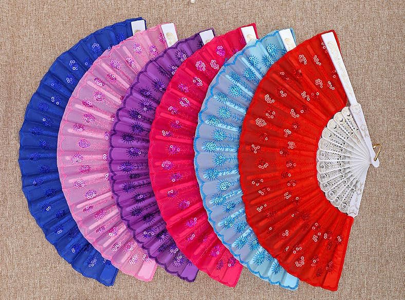 QISEQIRO 10 PCS Colorful Fabric Peacock Pattern Folding Hand Fan Spanish Folding Hand Fan Handheld Fans for Wedding Gifts Dancing Party Decoration