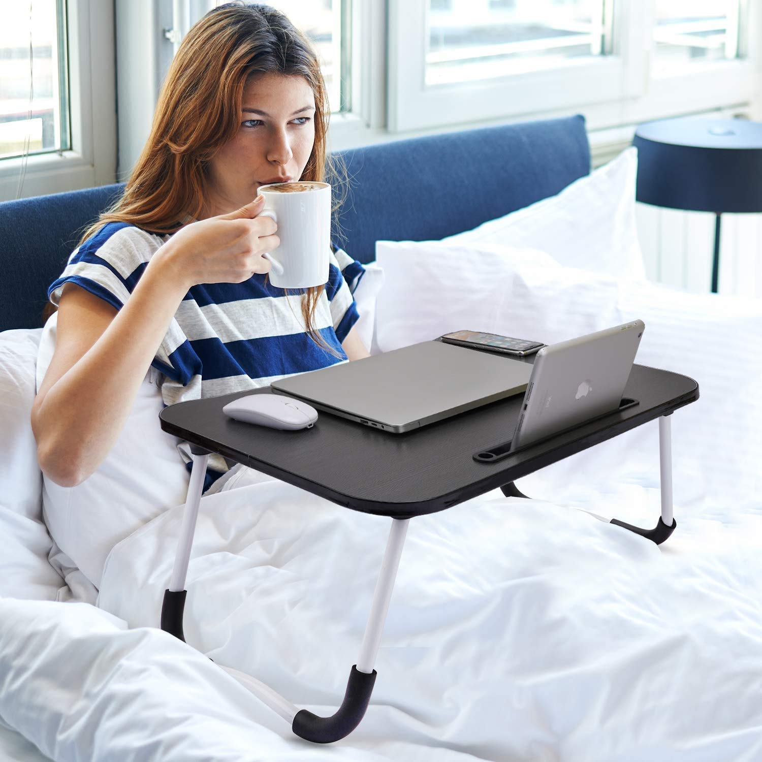 Foldable Laptop Bed Table Lap Desk, Bed Tray Laptop Desk with Cup Holder and Slot, Laptop Stand for Bed, Laptop Tray for Eating Breakfast, Working, Watching Movie on Bed/Couch/Sofa/Floor