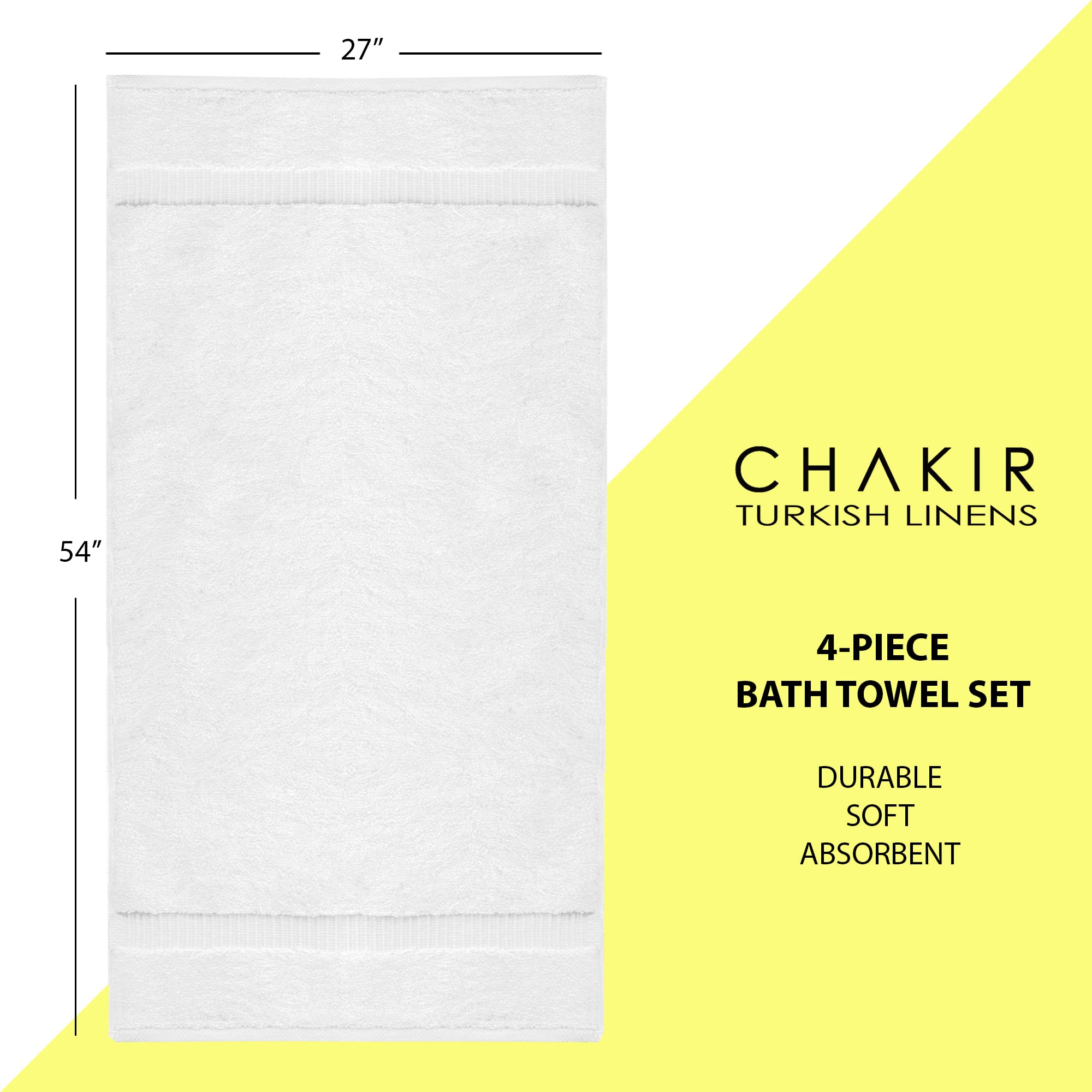 Chakir Turkish Linens | Hotel & Spa Quality 100% Cotton Premium Turkish Towels | Soft & Absorbent (4-Piece Bath Towels, White)