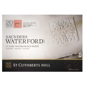 st. cuthberts mill saunders waterford watercolor paper block - 20x14-inch white 100% cotton watercolor paper - 20 sheets of 140lb hot press watercolor paper for gouache ink acrylic charcoal and more