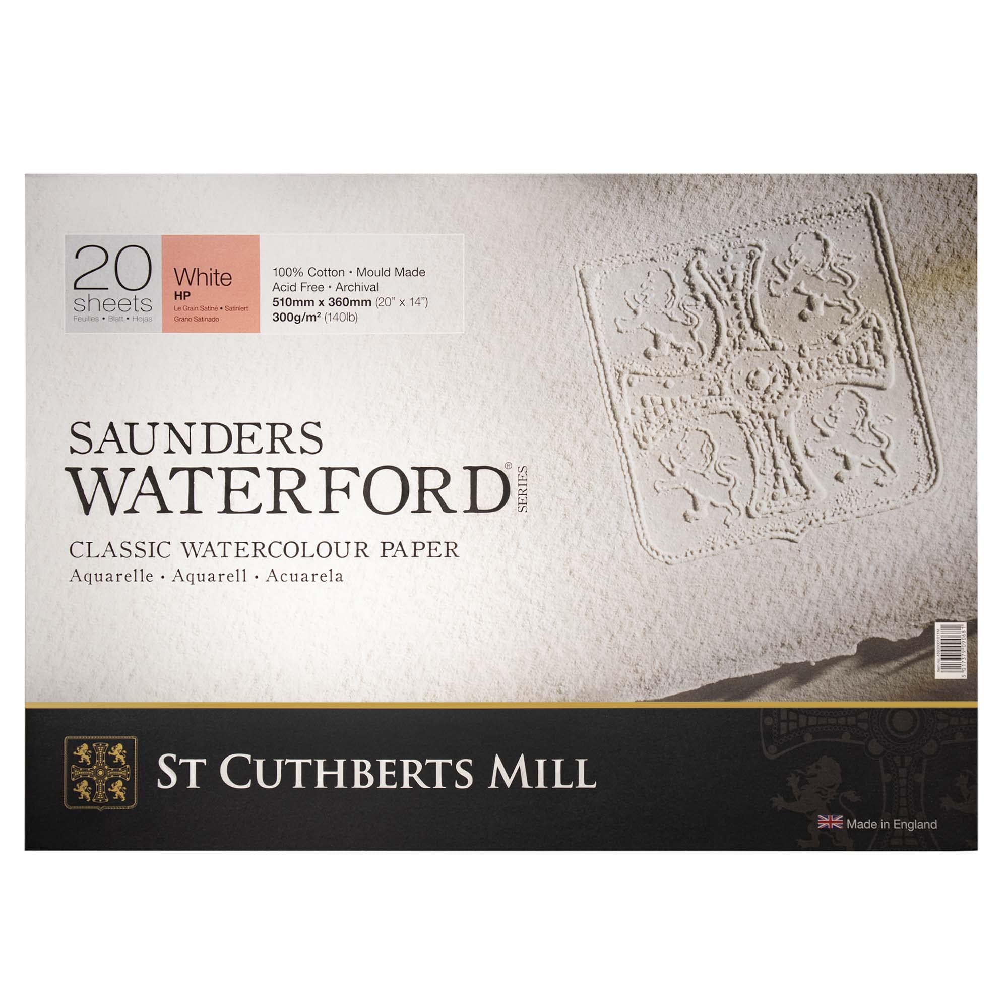 St. Cuthberts Mill Saunders Waterford Watercolor Paper Block - 20x14-inch White 100% Cotton Watercolor Paper - 20 Sheets of 140lb Hot Press Watercolor Paper for Gouache Ink Acrylic Charcoal and More