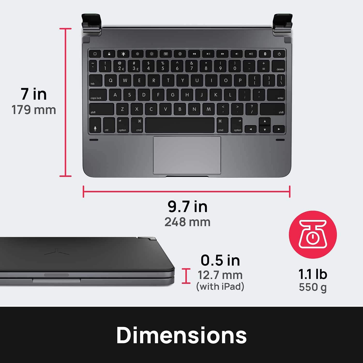 Brydge 11.0 Pro+ Wireless Keyboard with Trackpad | Compatible with iPad Pro 11-inch (1st, 2nd & 3rd Gen) | Native Multi-Touch Trackpad | Backlit Keys | (Space Gray)