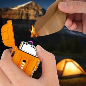 LcFun Electric Lighter USB C Rechargeable Lighter Windproof Arc Lighter Waterproof Flameless Dual Arc Plasma Lighters with Emergency Whistle for Adventure, Survival Tactical, Camping Gadgets (Orange)