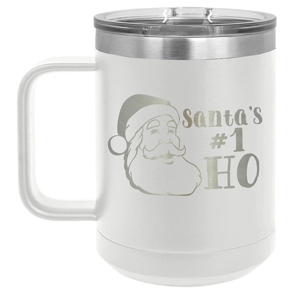 SANTAS #1 HO White 15 oz Coffee Cup w/Slide Top Lid | Insulated Travel Coffee Mug | Fun Christmas Designs and Gift Ideas From Women or Men | Compare To Yeti Rambler | ONLYGIFTS.COM