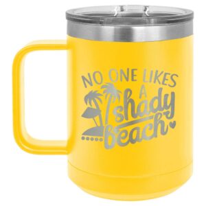 shady beach yellow 15 oz coffee cup w/slide top lid | insulated travel coffee mug | unique gift ideas from women or men | compare price to yeti rambler