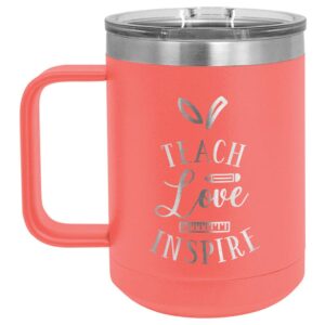 teach love inspire coral 15 oz coffee cup w/slide top lid | insulated travel coffee mug | birthday or christmas gift ideas from women or men | compare to yeti rambler | onlygifts.com