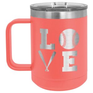 baseball love square coral 15 oz coffee cup w/slide top lid | insulated travel coffee mug | unique gift ideas from women or men | compare price to yeti rambler