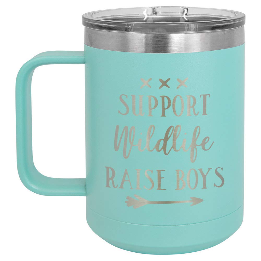 SUPPORT WILDLIFE RAISE BOYS Teal 15 oz Coffee Cup w/Slide Top Lid | Insulated Travel Coffee Mug | Unique Gift Ideas From Women or Men | Compare Price To Yeti Rambler