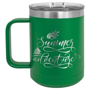 summer adventure green 15 oz coffee cup w/slide top lid | insulated travel coffee mug | birthday or christmas gift ideas from women or men | compare to yeti rambler | onlygifts.com